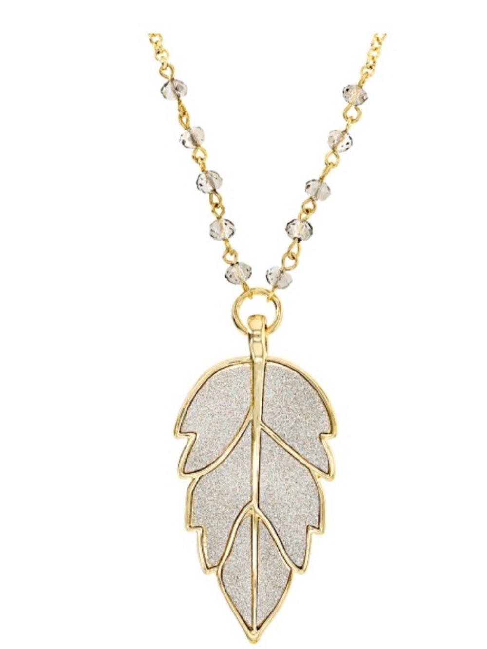 Off Park Collection White Crystal Silver Shimmer Gold Tone Glitter Leaf Necklace